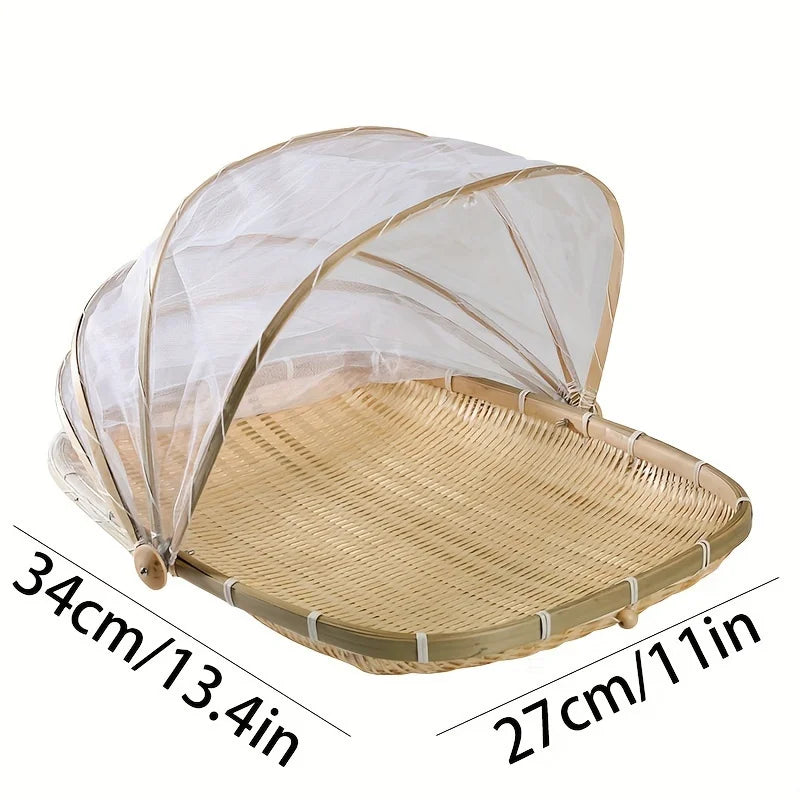 Handwoven Bamboo Serving Basket with Mesh Canopy