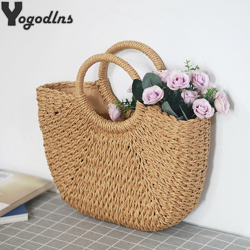Moon Shaped Straw Beach Bag – Handmade Woven Summer Tote