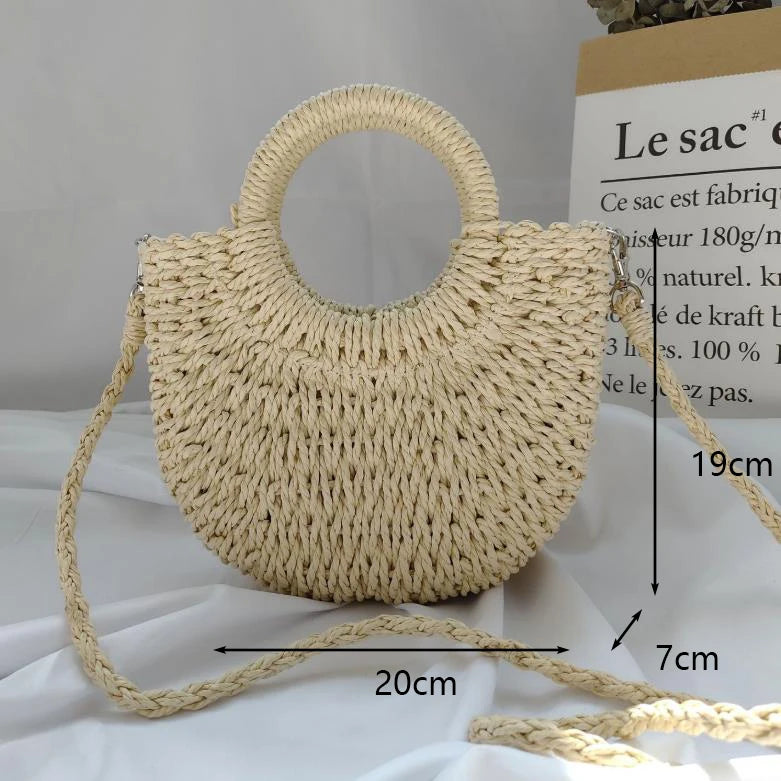 Moon Shaped Straw Beach Bag – Handmade Woven Summer Tote