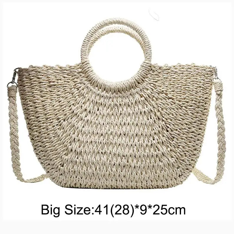 Moon Shaped Straw Beach Bag – Handmade Woven Summer Tote