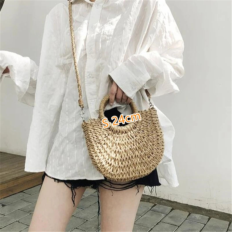 Moon Shaped Straw Beach Bag – Handmade Woven Summer Tote