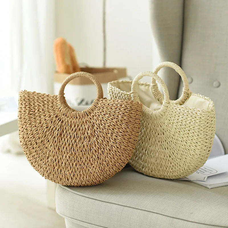 Moon Shaped Straw Beach Bag – Handmade Woven Summer Tote
