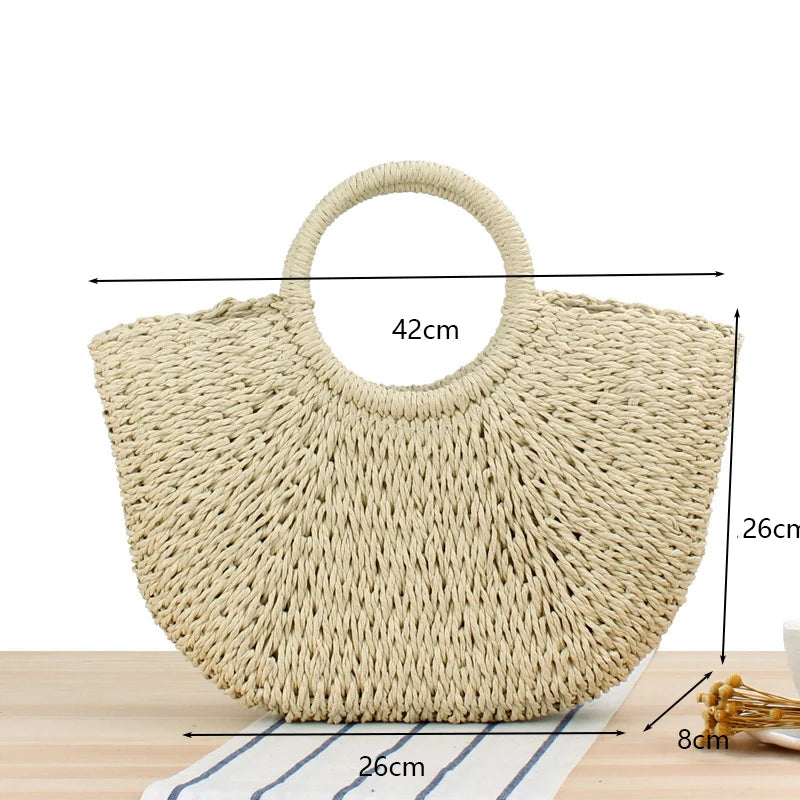 Moon Shaped Straw Beach Bag – Handmade Woven Summer Tote
