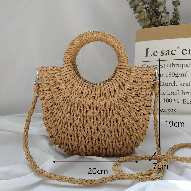 Moon Shaped Straw Beach Bag – Handmade Woven Summer Tote
