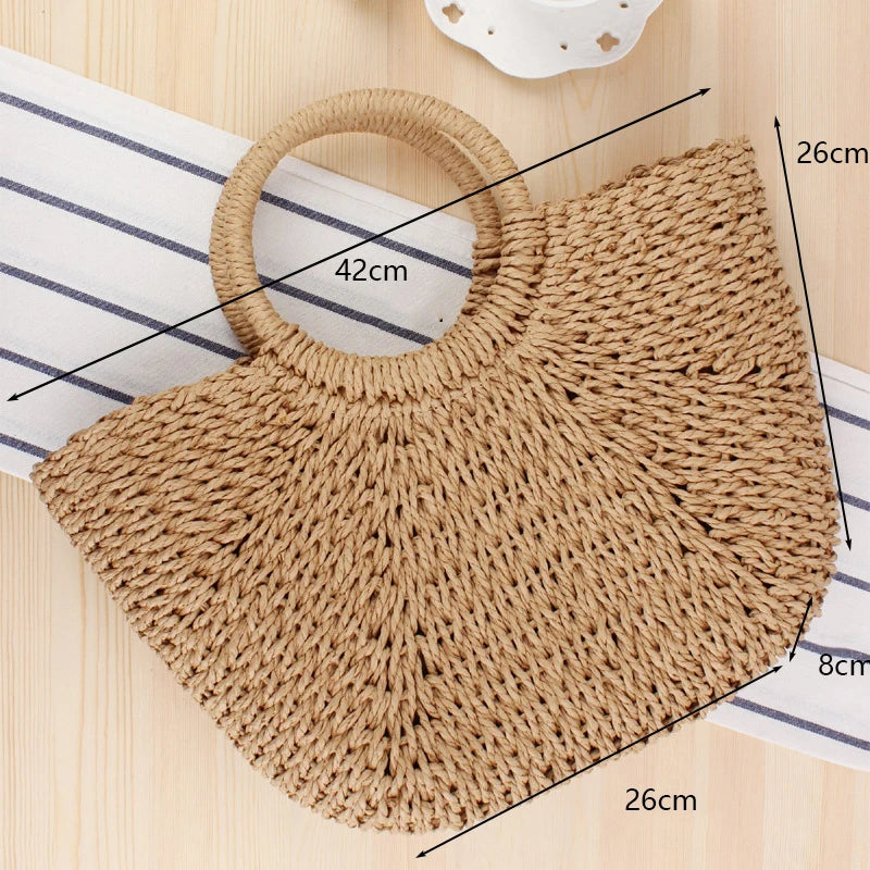 Moon Shaped Straw Beach Bag – Handmade Woven Summer Tote