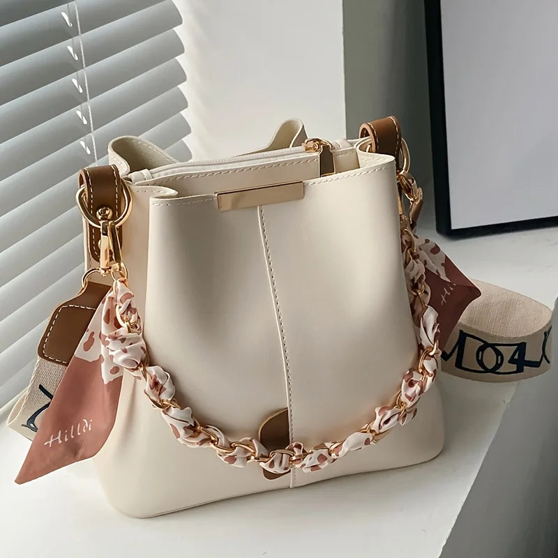 Women Fashion Bucket Bag – Large Capacity Ribbon Chain Shoulder & Crossbody Bag