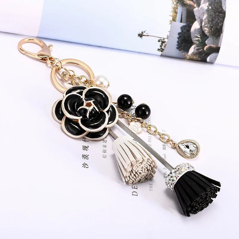 Luxury Camellia Keychain – Alloy & Fabric Flower Jewelry for Women
