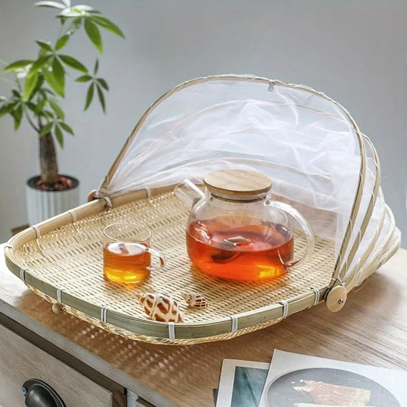 Handwoven Bamboo Serving Basket with Mesh Canopy