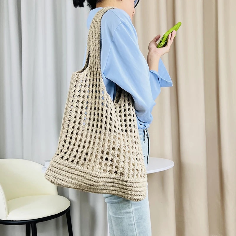 Boho Crochet Straw Tote Bag