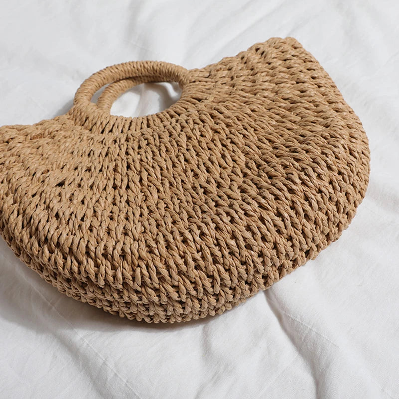 Moon Shaped Straw Beach Bag – Handmade Woven Summer Tote