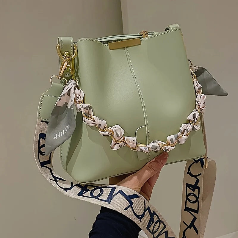 Women Fashion Bucket Bag – Large Capacity Ribbon Chain Shoulder & Crossbody Bag