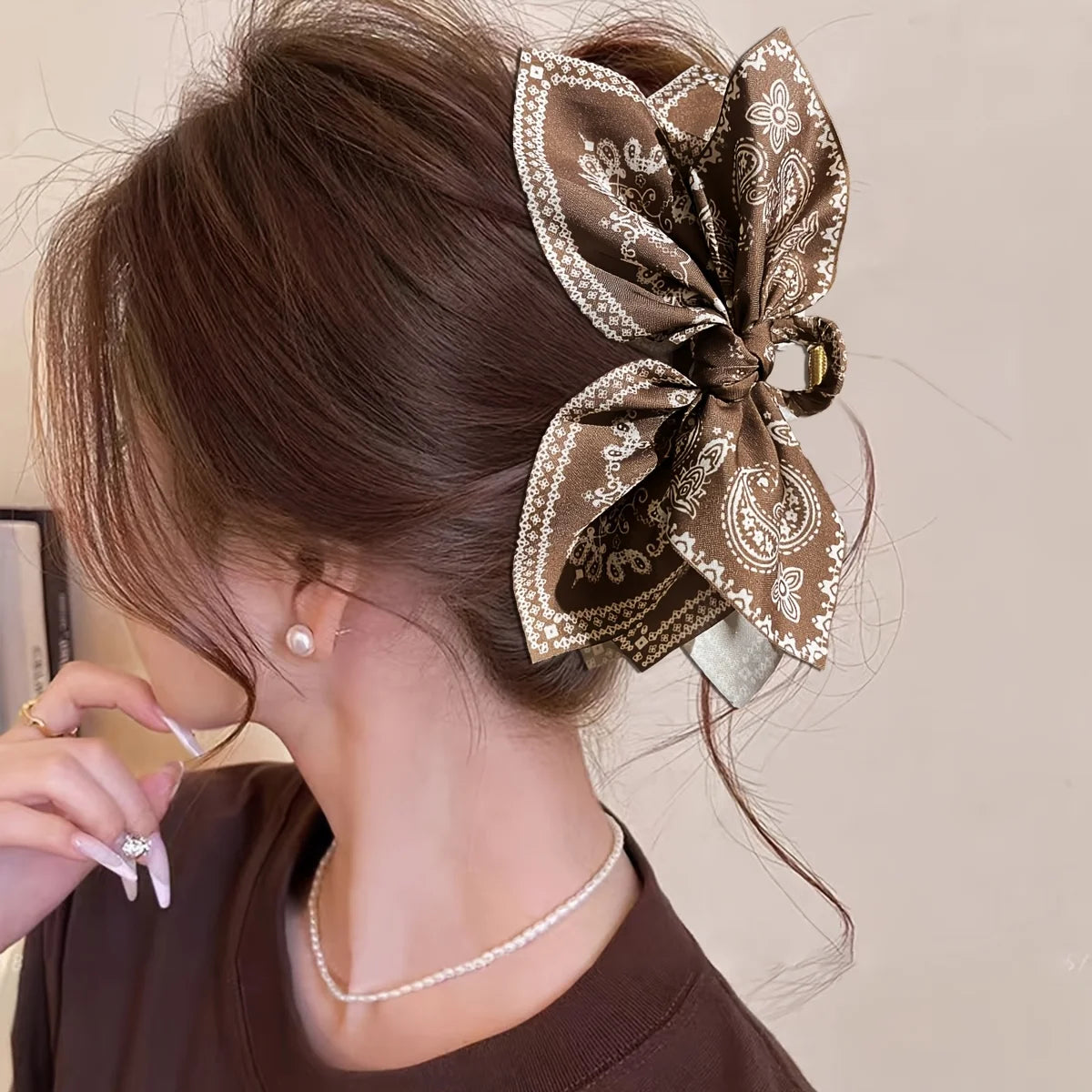 Brown Cashew Flower Bow Hair Clip