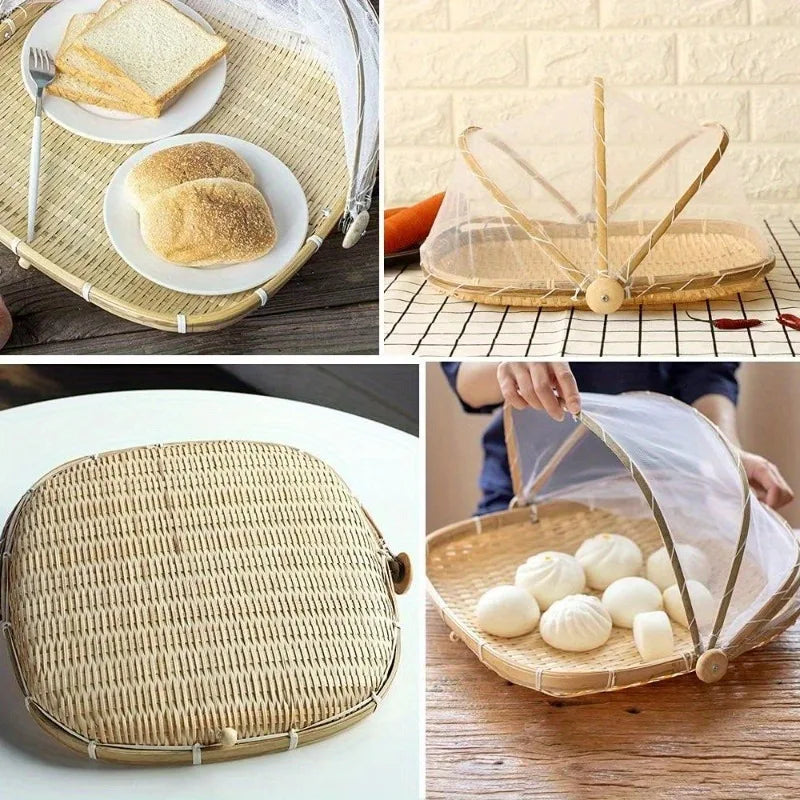 Handwoven Bamboo Serving Basket with Mesh Canopy