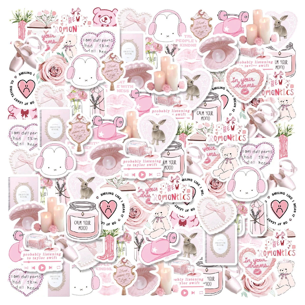 46pcs Bunny, Bear, Perfume Pink Graffiti Stickers