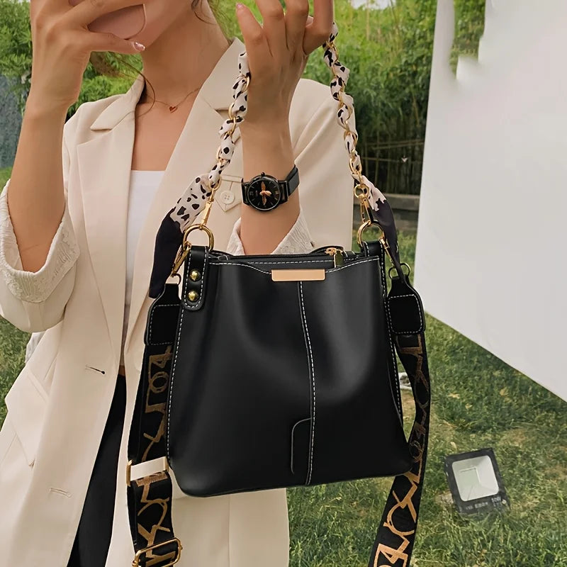 Women Fashion Bucket Bag – Large Capacity Ribbon Chain Shoulder & Crossbody Bag