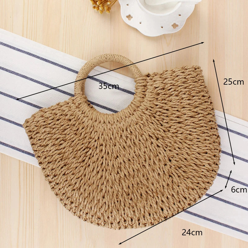 Moon Shaped Straw Beach Bag – Handmade Woven Summer Tote