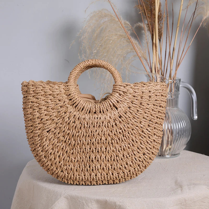 Moon Shaped Straw Beach Bag – Handmade Woven Summer Tote