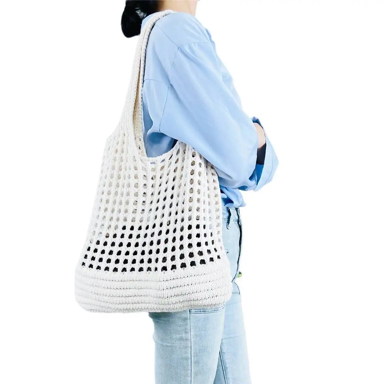 Boho Crochet Straw Tote Bag