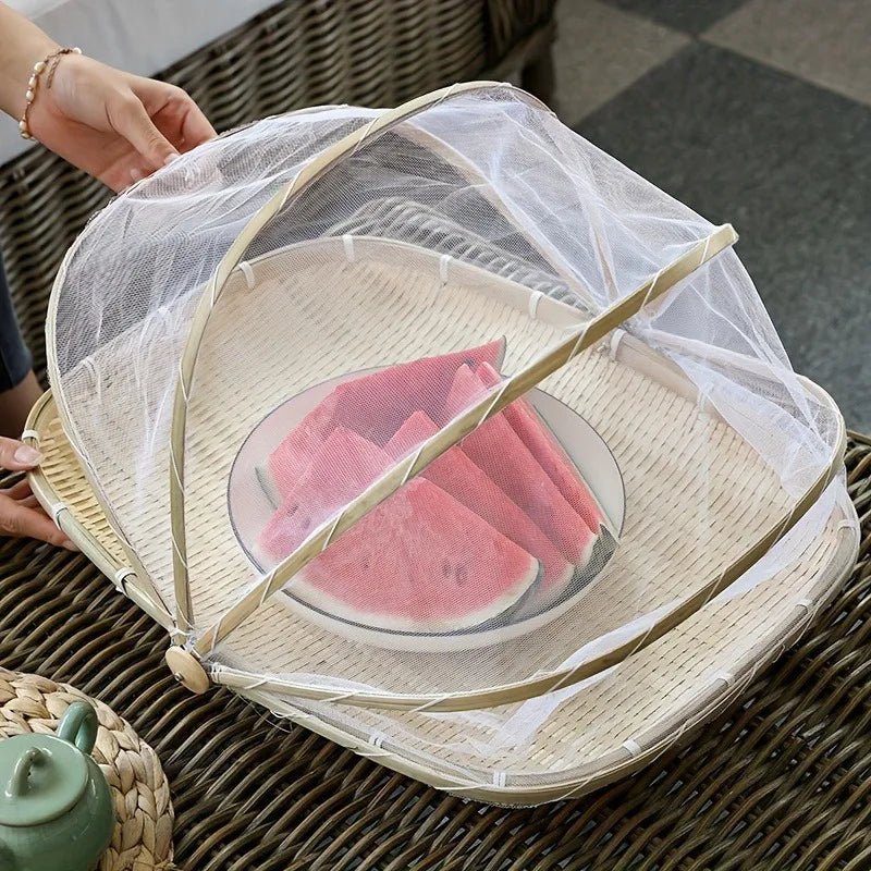 Handwoven Bamboo Serving Basket with Mesh Canopy