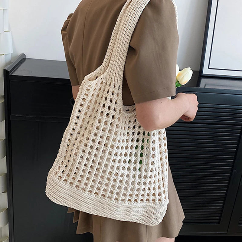 Boho Crochet Straw Tote Bag
