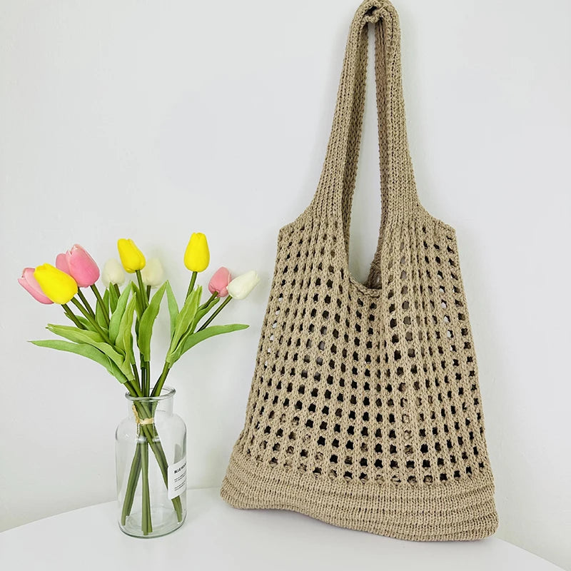Boho Crochet Straw Tote Bag