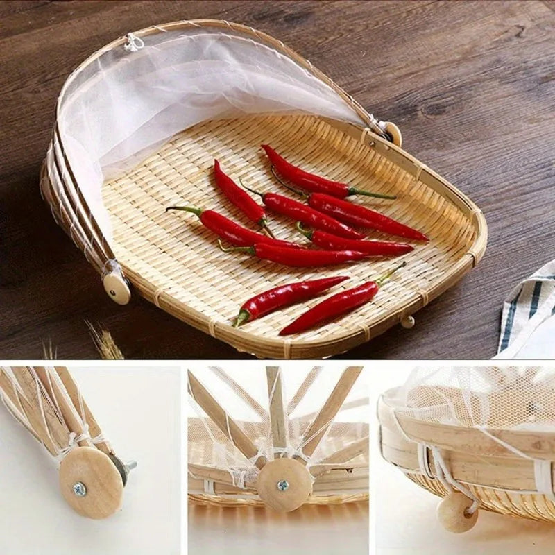 Handwoven Bamboo Serving Basket with Mesh Canopy