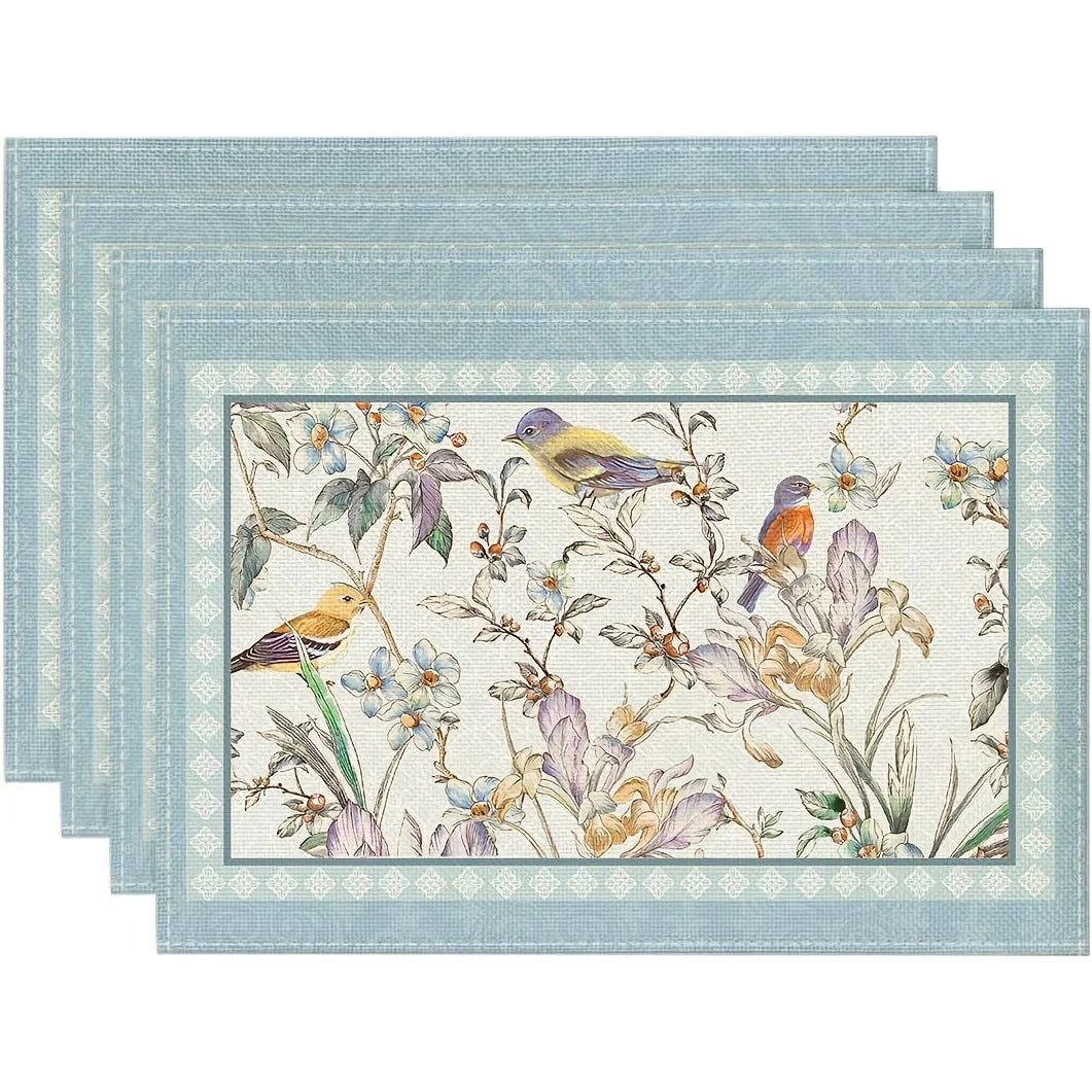 4pcs Blue Birds & Floral Blossom Placemats