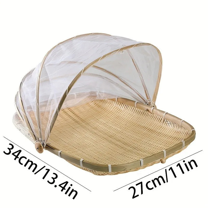 Handwoven Bamboo Serving Basket with Mesh Canopy