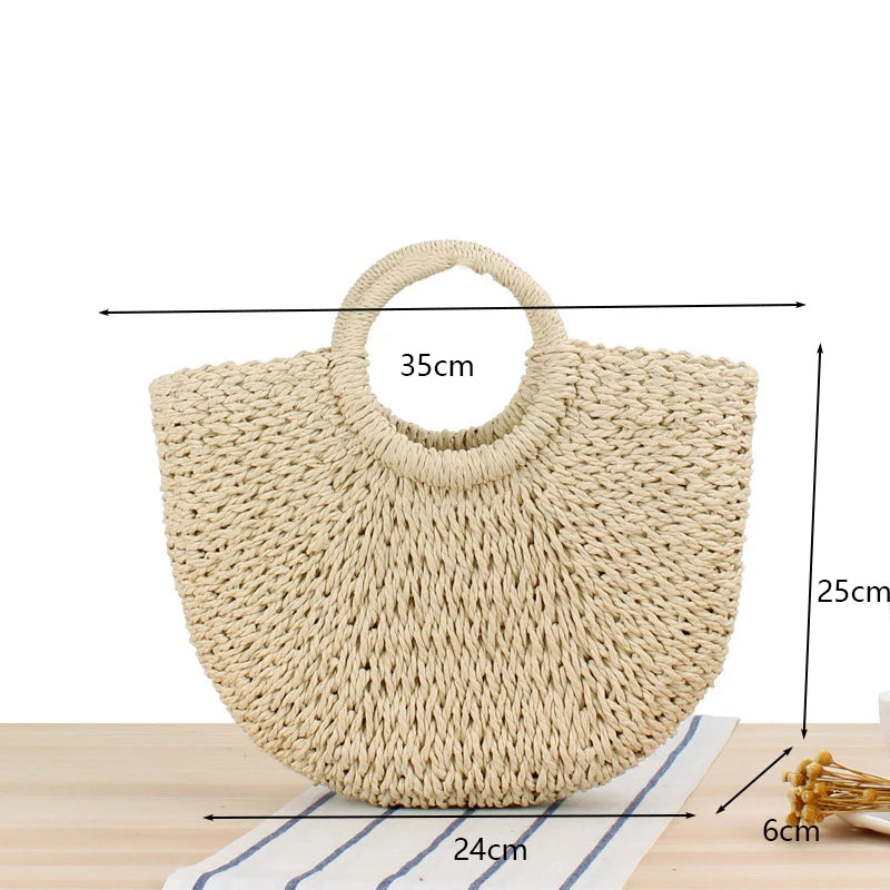 Moon Shaped Straw Beach Bag – Handmade Woven Summer Tote