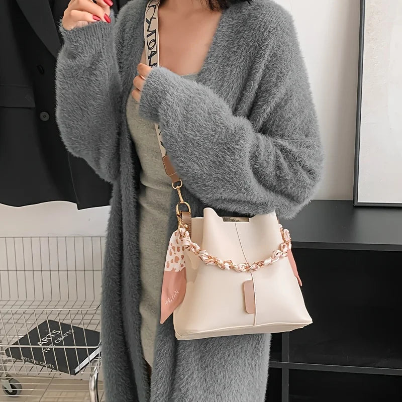 Women Fashion Bucket Bag – Large Capacity Ribbon Chain Shoulder & Crossbody Bag