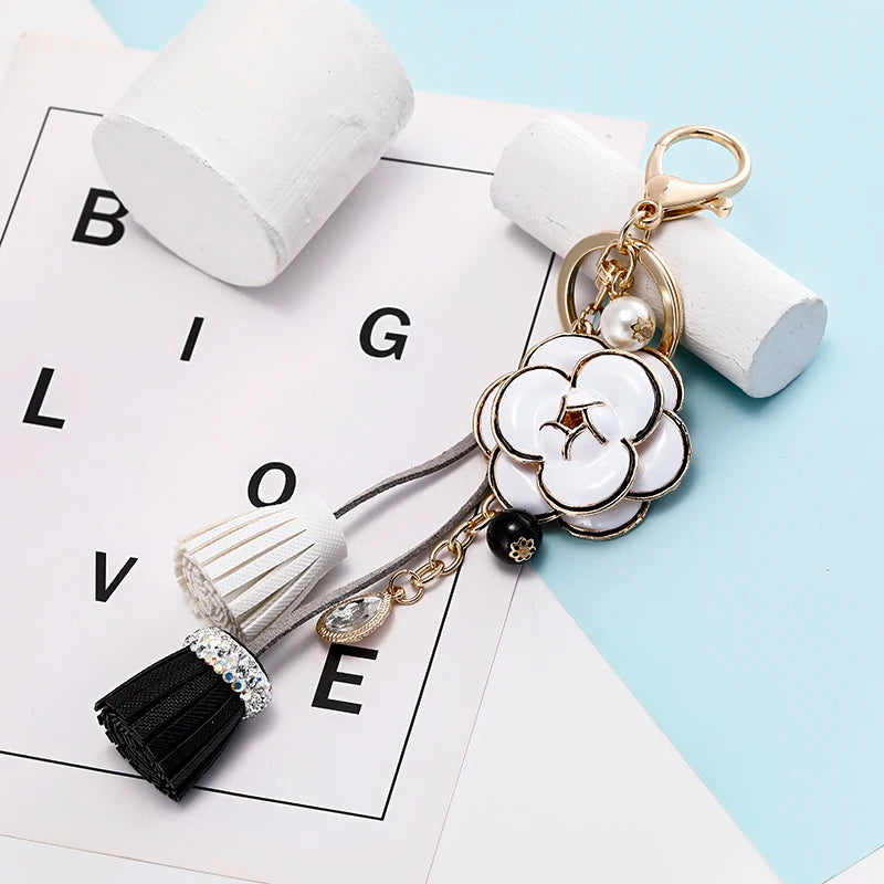 Luxury Camellia Keychain – Alloy & Fabric Flower Jewelry for Women