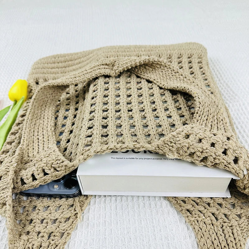 Boho Crochet Straw Tote Bag