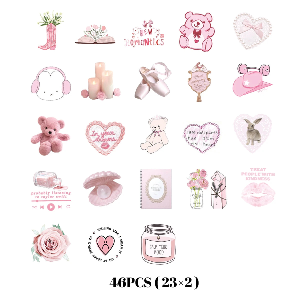 46pcs Bunny, Bear, Perfume Pink Graffiti Stickers