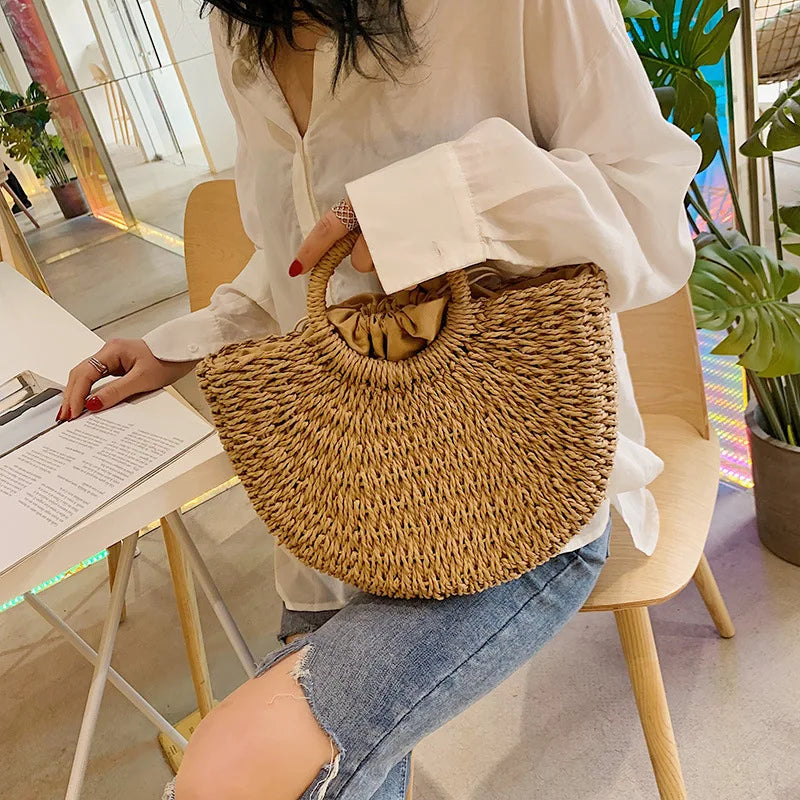 Moon Shaped Straw Beach Bag – Handmade Woven Summer Tote