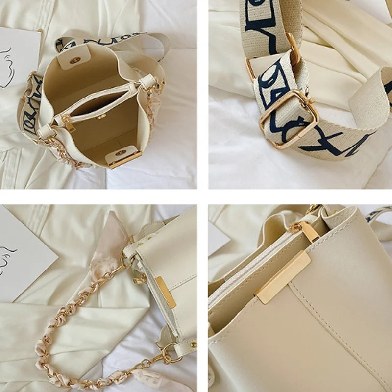 Women Fashion Bucket Bag – Large Capacity Ribbon Chain Shoulder & Crossbody Bag