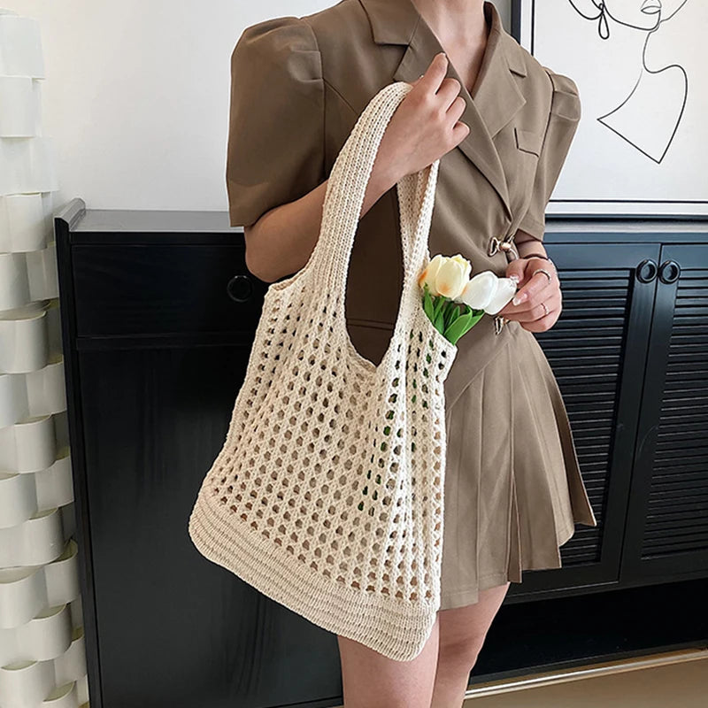 Boho Crochet Straw Tote Bag